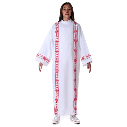 First Communion alb, pleated with red braided border and rhombuses on front and back 1