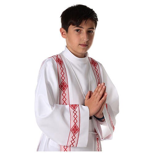 First Communion alb, pleated with red braided border and rhombuses on front and back 2