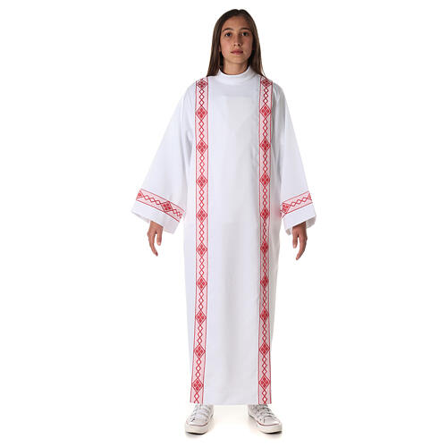 First Communion alb, pleated with red braided border and rhombuses on front and back 3