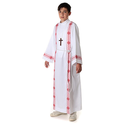 First Communion alb, pleated with red braided border and rhombuses on front and back 4