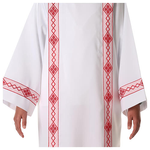 First Communion alb, pleated with red braided border and rhombuses on front and back 5