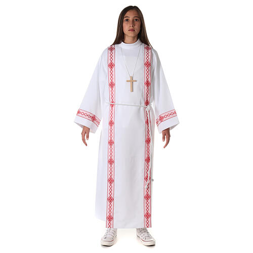 First Communion alb, pleated with red braided border and rhombuses on front and back 6