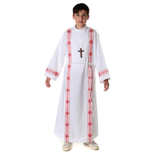 First Communion alb, pleated with red braided border and rhombuses on front and back 7