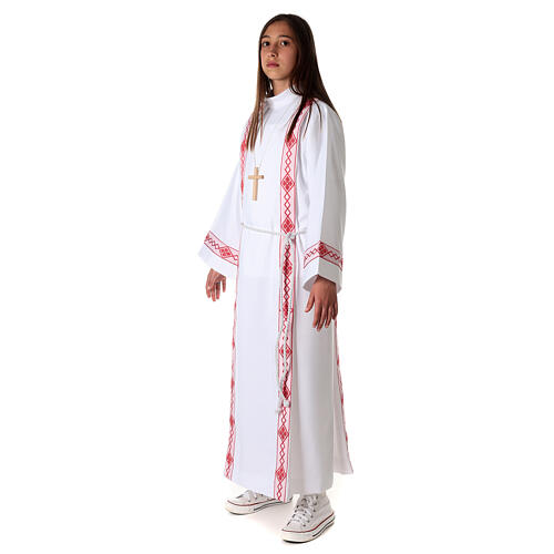 First Communion alb, pleated with red braided border and rhombuses on front and back 8