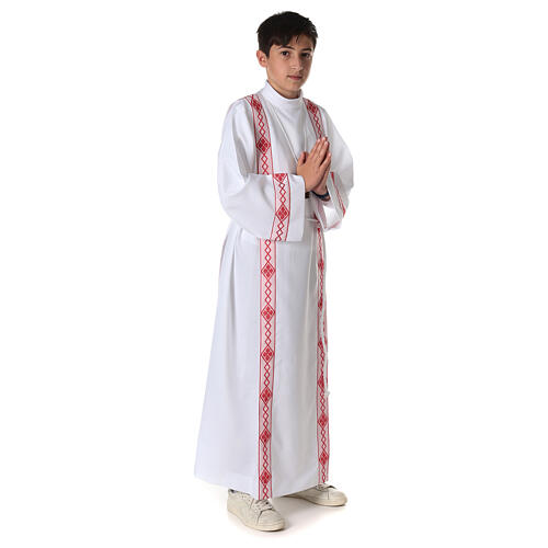 First Communion alb, pleated with red braided border and rhombuses on front and back 9