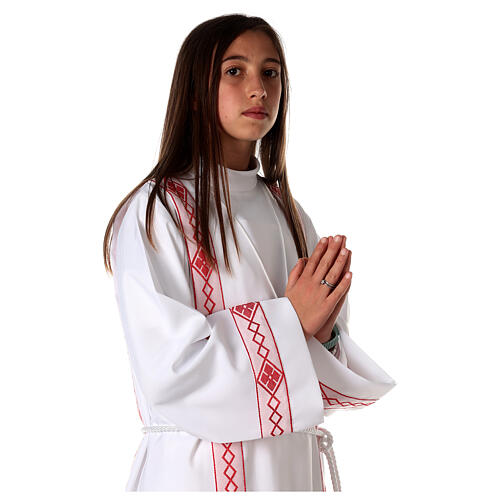 First Communion alb, pleated with red braided border and rhombuses on front and back 10