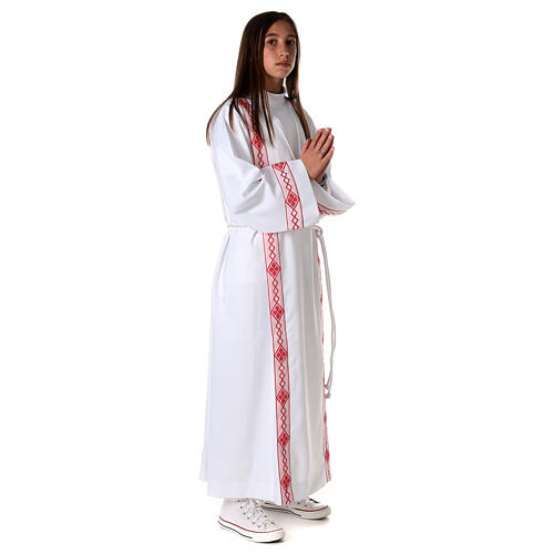 First Communion alb, pleated with red braided border and rhombuses on front and back 11