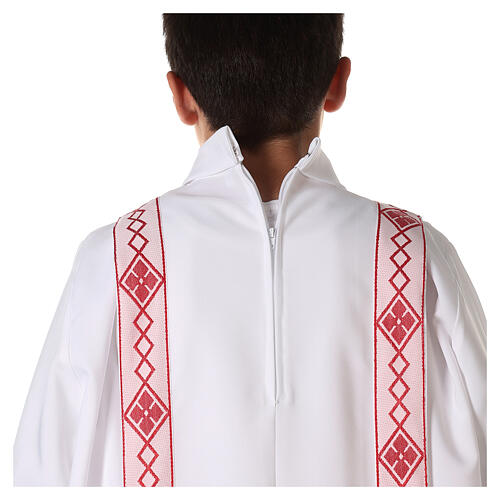 First Communion alb, pleated with red braided border and rhombuses on front and back 12