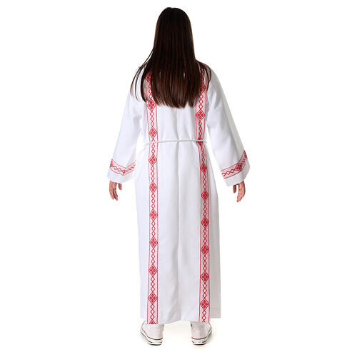 First Communion alb, pleated with red braided border and rhombuses on front and back 13