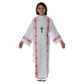 Aubes communion, profession de foi: Aube Première Communion plis et bord rouge losanges avant et arrière