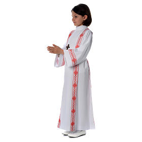 Aubes communion, profession de foi: Aube Première Communion plis et bord rouge losanges avant et arrière