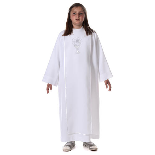 First Communion alb with satin sidelong and rhinestone, white 1