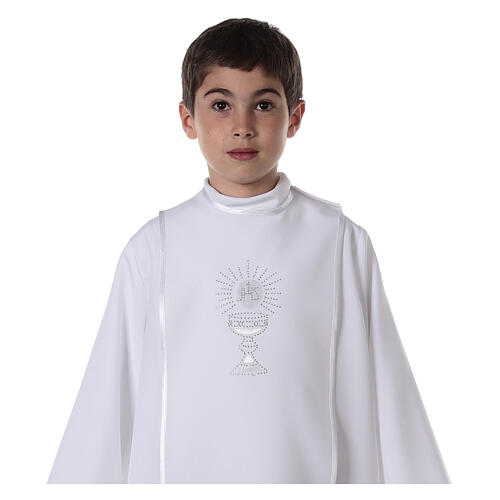 First Communion alb with satin sidelong and rhinestone, white 2