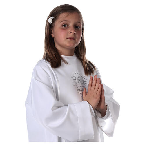 First Communion alb with satin sidelong and rhinestone, white 5