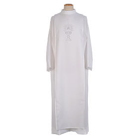 Aubes communion, profession de foi: Aube Première Communion blanche scapulaire biais satin et strass