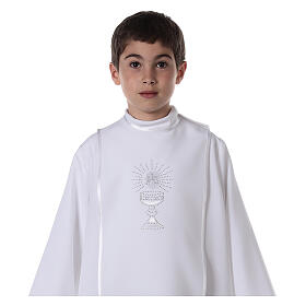 First Communion alb trimmed scapular and eucharistic symbols