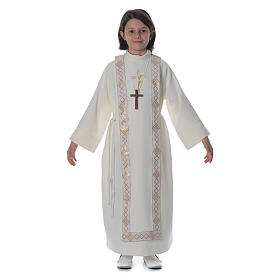 First Communion Albs: First Communion alb with scapular and Cross embroidered on orphrey, ivory