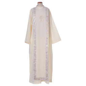 First Communion Albs: Communion tunic with scapular edged on the front and on the back gold with chalice embroidery