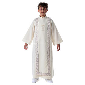 Communion tunic with scapular edged on the front and on the back gold with chalice embroidery