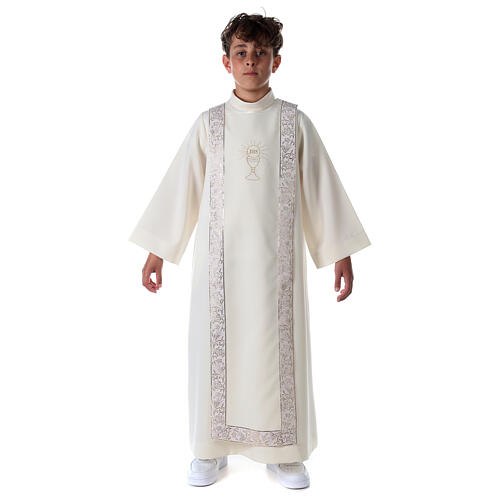 Communion tunic with scapular edged on the front and on the back gold with chalice embroidery 1