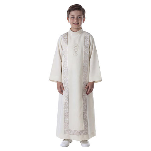 Communion tunic with scapular edged on the front and on the back gold with chalice embroidery 1