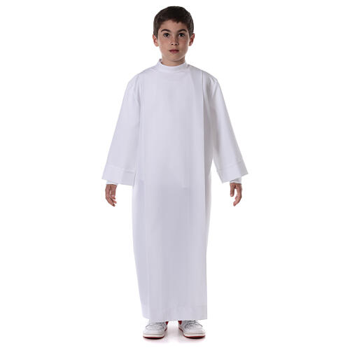 First communion dress in polyester with two pleats and high collar 1