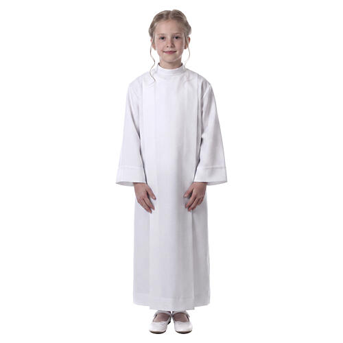 First communion dress in polyester with two pleats and high collar 1