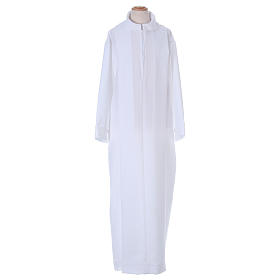 First Communion Albs: First communion dress in polyester with two pleats and fake hood