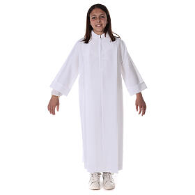 First communion dress in polyester with two pleats and fake hood