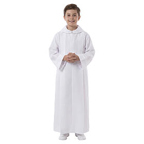 First communion dress in polyester with two pleats and fake hood