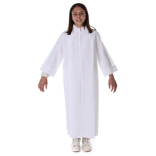 First communion dress in polyester with two pleats and fake hood 1