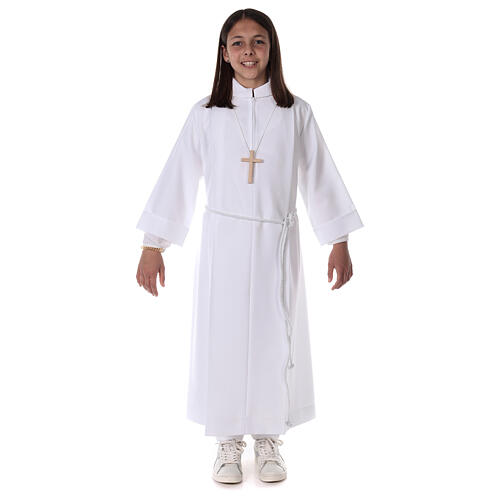 First communion dress in polyester with two pleats and fake hood 3