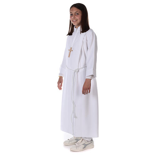 First communion dress in polyester with two pleats and fake hood 5