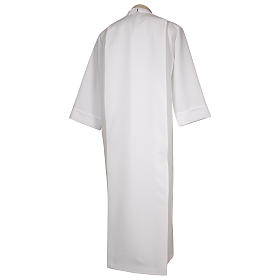 First communion dress in polyester with scapular, golden hem and high collar