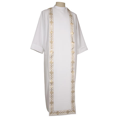 First communion dress in polyester with scapular, golden hem and high collar 1