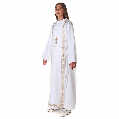 Aube de Première Communion polyester scapulaire bord or col rond 4