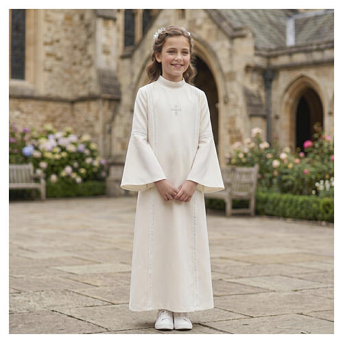 Erstkommunionalbe für Mädchen, Farbe Elfenbein, mit weißer Schmuckborte 2