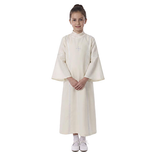 Túnica Primeira Comunhão cor de marfim bordado branco para menina 1