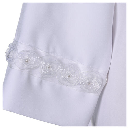First Communion alb with pleats, bow belt and passementerie with rose pattern 4