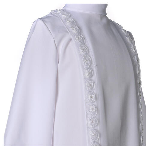 First Communion alb with pleats, bow belt and passementerie with rose pattern 6