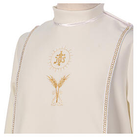 Ivory First Communion alb with scapular, white and golden braided border and golden host embroidery, CocoCler