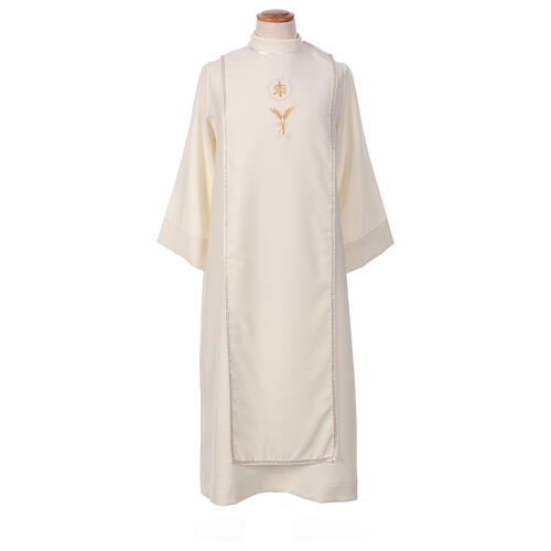 Túnica cor de marfim Primeira Comunhão com escapulário borda decorativa bordado ouro hóstia CocoCler 1