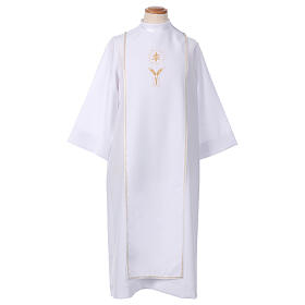 White First Communion alb with scapular, white and golden braided border and golden host embroidery, CocoCler