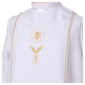 White First Communion alb with scapular, white and golden braided border and golden host embroidery, CocoCler