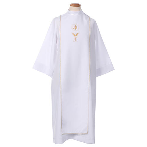 White First Communion alb with scapular, white and golden braided border and golden host embroidery, CocoCler 1