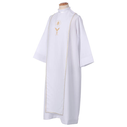 White First Communion alb with scapular, white and golden braided border and golden host embroidery, CocoCler 3
