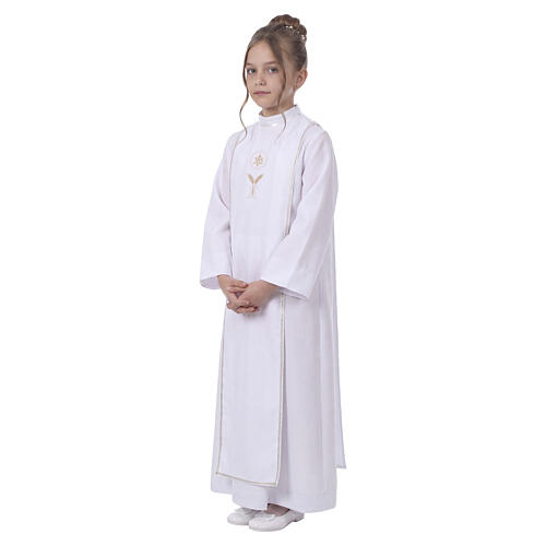 Aube Communion blanche avec scapulaire galon broderie dorée hostie CocoCler 7