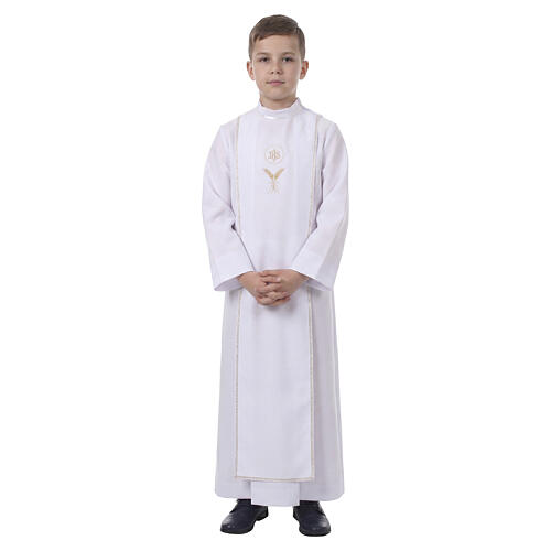 Aube Communion blanche avec scapulaire galon broderie dorée hostie CocoCler 5