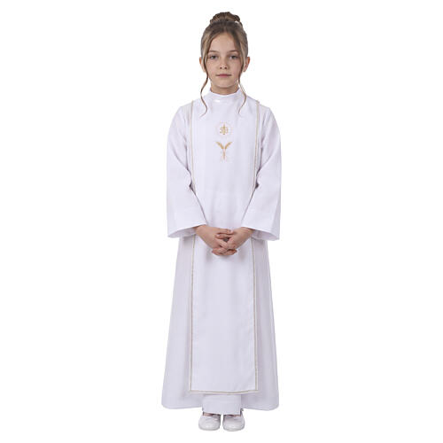 Aube Communion blanche avec scapulaire galon broderie dorée hostie CocoCler 6