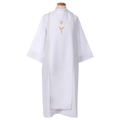 Túnica branca Primeira Comunhão com escapulário borda decorativa bordado ouro hóstia CocoCler 1
